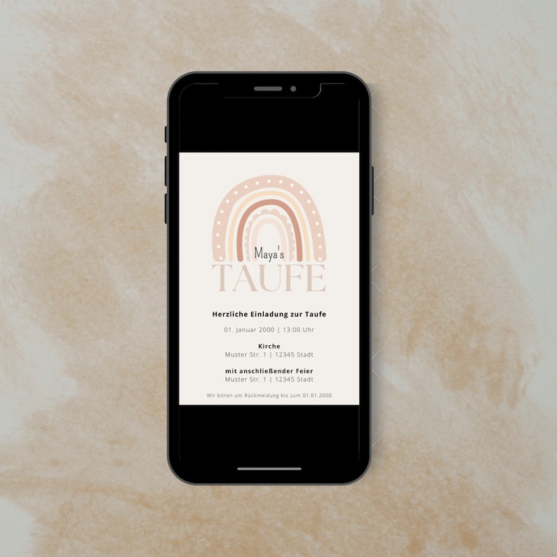 May include: A digital invitation for a baby's christening with a rainbow graphic and the text "Maya's Taufe" in a pink and brown color scheme. The invitation includes the date, time, and location of the event.