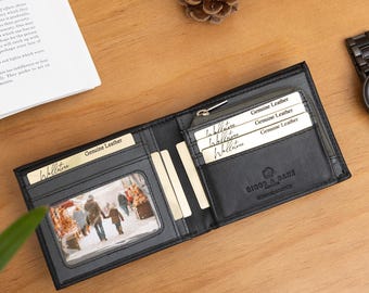 Personalised Zip Coin Black Leather Wallet, Men's Wallet, Engraved Wallet, Custom Wallet, Father's Day Gift for Him, Dad, Boyfriend, Husband