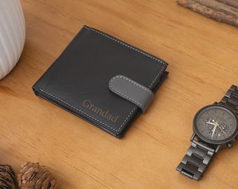 Personalised Engraved Men's Wallet, Genuine Soft Black Grey Leather Wallet, Personalized Father's Day Gift for Him, Boyfriend, Husband, Dad