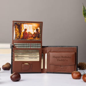 名入れ可能なメンズウォレット、本革製ソフトブラック＆ブラウンウォレット、父の日ギフト、お父さん、夫への名入れカスタム刻印入り