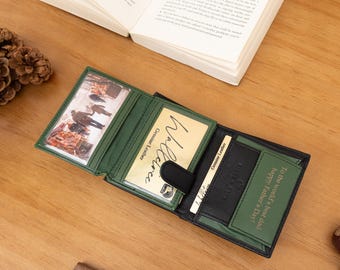 Personalised Men's Leather Wallet, Custom Trifold Black & Green Leather Wallet, Personalized Christmas Gift for Him, Boyfriend, Husband, Dad