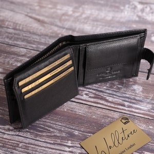 Christmas Gift, Personalised Men&#39;s Leather Wallet, Genuine Soft Black Engraved Leather Wallet, Personalized Gift for Him, Boyfriend, Dad