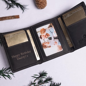 Regalo para el Día del Padre, Cartera de Cuero Triple Personalizada para Hombre, Cartera de Cuero Negro Rústico Genuino, Regalo Personalizado para Papá, Él, Novio