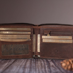 Cadeau fête des pères, portefeuille zippé personnalisé en cuir marron rustique pour homme, cadeau gravé personnalisé pour lui, petit ami, mari, père, grand-père