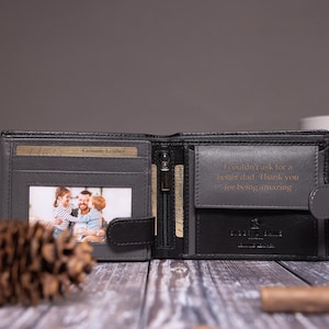 Christmas Gift, Personalised Men&#39;s Wallet, Genuine Soft Black Leather Wallet, Personalized Engraved Gift for Him, Boyfriend, Dad, Husband