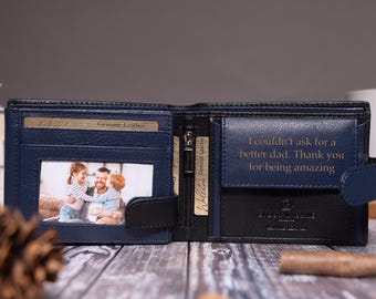 Personalised Men's Bifold Wallet, Black Leather Wallet, Personalized Custom Engraved Christmas Gift for Him, Dad, Boyfriend, Husband