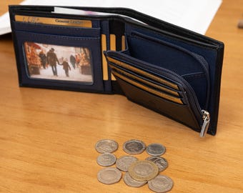 Father's Day Gift, Personalised Black & Navy Leather Wallet, Men's Wallet, Engraved Leather Wallet, Custom Wallet, Gift for Him, Dad,Husband