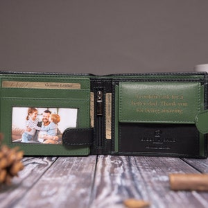 Carteira masculina personalizada, carteira de couro preto macio genuíno, presente personalizado de dia dos pais para ele, namorado, marido, pai, presente de casamento