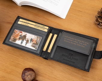 Christmas Gift for Dad, Personalised Mens Wallet, Genuine Soft Black & Grey Leather Wallet, Personalized Gift for him, Boyfriend, Husband
