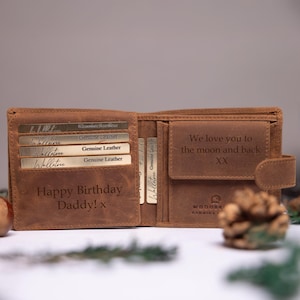 Portefeuille à deux volets personnalisé pour homme, portefeuille en cuir marron véritable, cadeau personnalisé pour lui, petit ami, mari, papa, cadeau de fête des pères