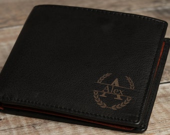Cartera personalizada con monograma grabado, cartera de cuero negro y marrón para hombre, regalo personalizado para novio, hombre, papá, esposo, abuelo.