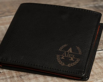 Cartera grabada con monograma personalizado, cartera personalizada de cuero negro y marrón para hombre, regalo personalizado para novio, hombres, papá, marido, abuelo