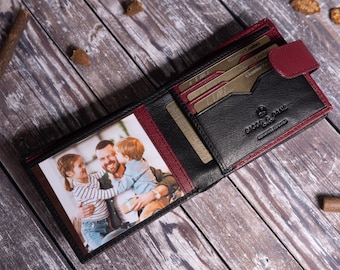 Regalo de Navidad para él, billetera personalizada para hombre, billetera de cuero genuino suave negro y burdeos, regalo personalizado para novio, esposo