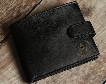 Cartera de cuero genuino para hombre, suave, negra y marrón, con monograma personalizado grabado. Regalo para el Día del Padre para él, su novio, su esposo o su papá.
