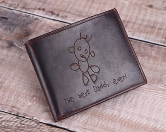 Personalized Men's Bifold Brown Leather Wallet, Personalised Zip Coin Pocket Wallet, Custom Handwritten Engraved Wallet, Christmas Gift