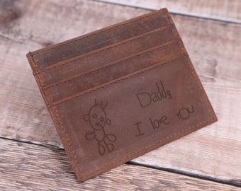 Personalised Custom Handwritten Engraved RFID Card Holder, Brown Leather Wallet, Christmas Gift for Dad, Him, Boyfriend, Husband, Grandad