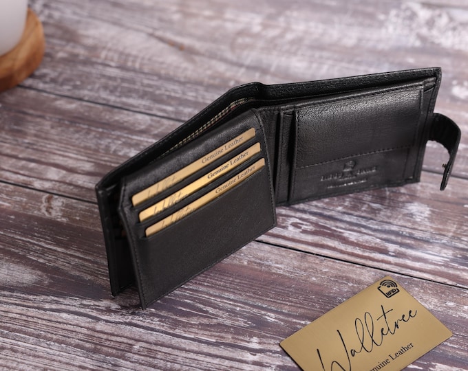 Regalo del Día del Padre, Cartera de Cuero Personalizada para Hombre, Cartera de Cuero Genuino Suave Negra Grabada, Regalo Personalizado para Él, Novio, Papá