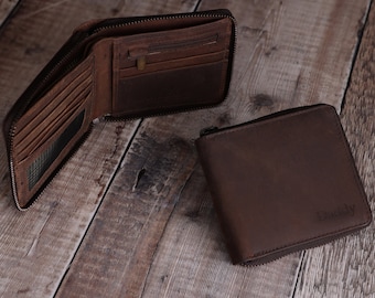 Cadeau fête des pères, portefeuille zippé personnalisé en cuir marron rustique pour homme, cadeau gravé personnalisé pour lui, petit ami, mari, père, grand-père