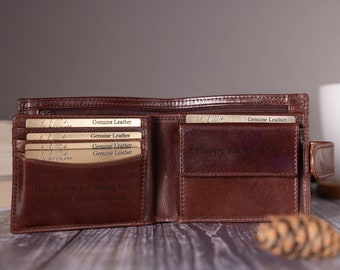 Regalo del Día del Padre, Billetera Plegable Personalizada para Hombre, Billetera de Cuero Marrón Auténtico, Regalo Personalizado para Él, Novio, Regalo de Aniversario para Hombre