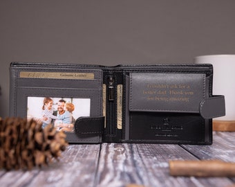 Father's Day Gift, Personalised Men's Wallet, Genuine Soft Black Leather Wallet, Personalized Engraved Gift for Him, Boyfriend, Dad, Husband