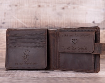 Custom Handwritten Engraved Wallet, Bifold Brown Real Leather Wallet, Personalised Gift for him Boyfriend, Husband, Dad, Father's Day Gift