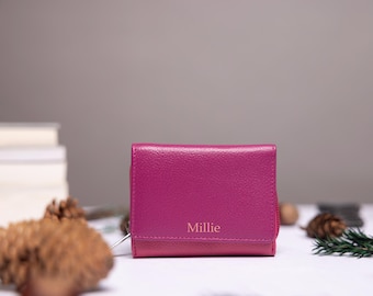 Monedero de piel personalizado para mujer con tarjetero y monedero con cremallera. Cartera de piel auténtica personalizada para mujer. Un regalo ideal.