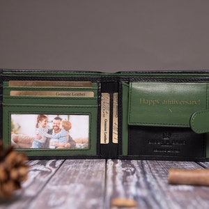 Regalo del Día del Padre para papá, él, billetera personalizada para hombre, billetera de cuero genuino suave negro y verde, regalo personalizado para novio, esposo