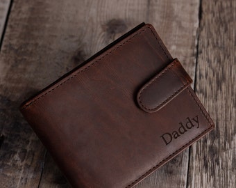 Father's Day Gift For Him, Dad, Boyfriend, Personalized Custom Leather Wallet, Personalised Engraved Men's Brown Leather Zip Coin Wallet