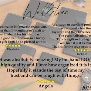 May include: Several dark gray wallets with text and customer reviews are arranged on a wooden surface. The wallets have a rectangular shape with rounded corners and a flap closure. The text "Walletree" is at the top.