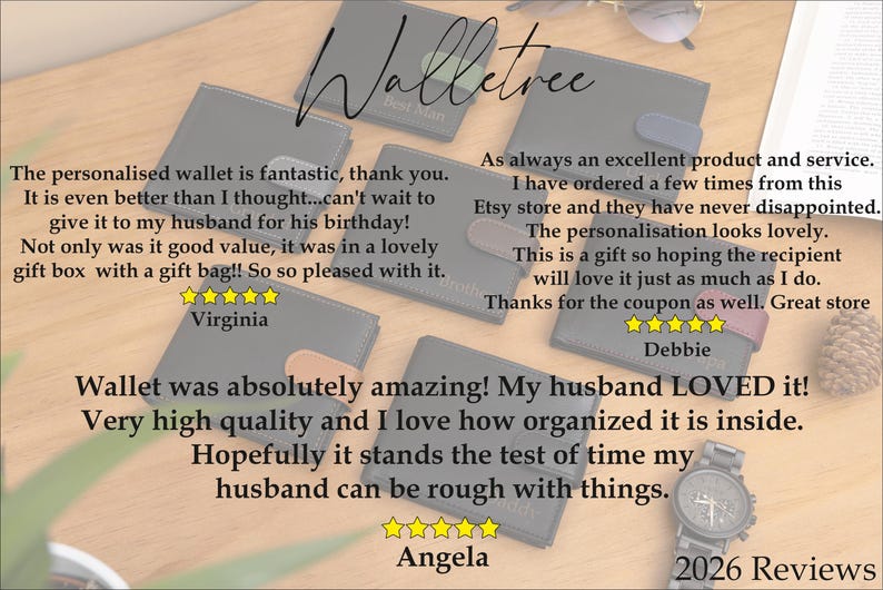 May include: Several dark gray wallets with text and customer reviews are arranged on a wooden surface. The wallets have a rectangular shape with rounded corners and a flap closure. The text "Walletree" is at the top.