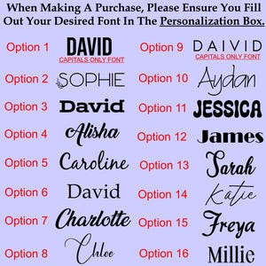 May include: A chart of 16 different font styles for names, with each style labelled with a number. The names include David, Sophie, Alisha, Caroline, Charlotte, Chloe, Aydan, Jessica, James, Sarah, Katie, Freya, and Millie.