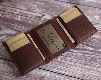 Cartera personalizada de tres pliegues, regalo del Día del Padre para papá, él, esposo, novio, tarjetero, cartera de cuero marrón grabada personalizada para hombre.