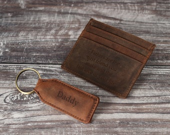 Personalized Card Holder Brown Leather Wallet, Personalised Card Case Holder, Gift for Dad, Boyfriend, Husband, Fathers Day Gift Set for Him