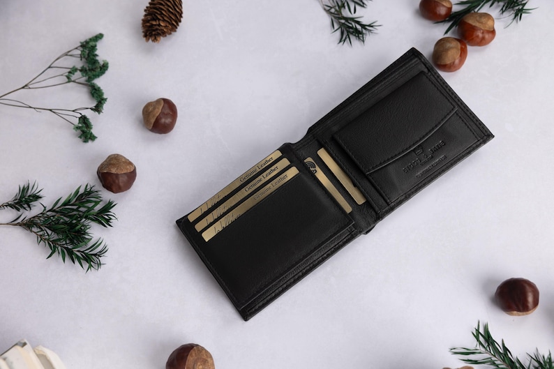 Cartera personalizada para hombre, de piel auténtica negra suave, con grabado personalizado para el Día del Padre, para él, novio, papá o cumpleaños. imagen 8