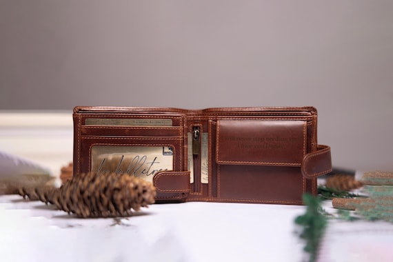 Personalised Mens Bifold Wallet, Brown Real Leather Wallet Personalized Engraved Christmas Gift for him, Boyfriend, Anniversary Gift for Dad