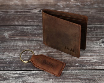 Personalised Men's Bifold Wallet, Genuine Brown Rustic Leather Wallet With Keyring, Personalized Gift for him, Boyfriend, Father's Day Gift