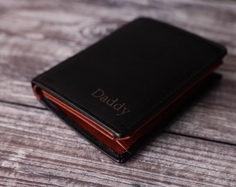 Father's Day Gift, Personalised Men's Leather Wallet, Trifold Black & Brown Leather Wallet, Personalized Gift for Him, Boyfriend, Husband