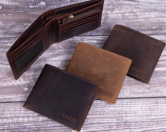 Personalized Mens Wallet, Bifold Brown Leather Wallet, Personalised Zip Coin Pocket Leather Wallet, Custom Engraved Wallet, Fathers Day Gift