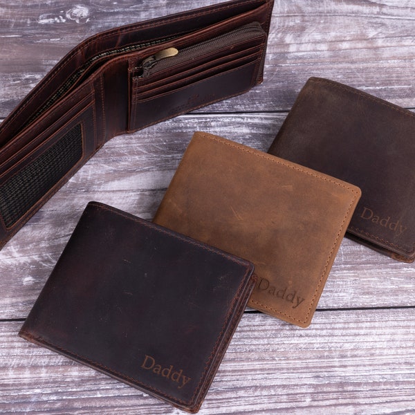 Personalized Mens Wallet, Bifold Brown Leather Wallet, Personalised Zip Coin Pocket Leather Wallet, Custom Engraved Wallet, Fathers Day Gift