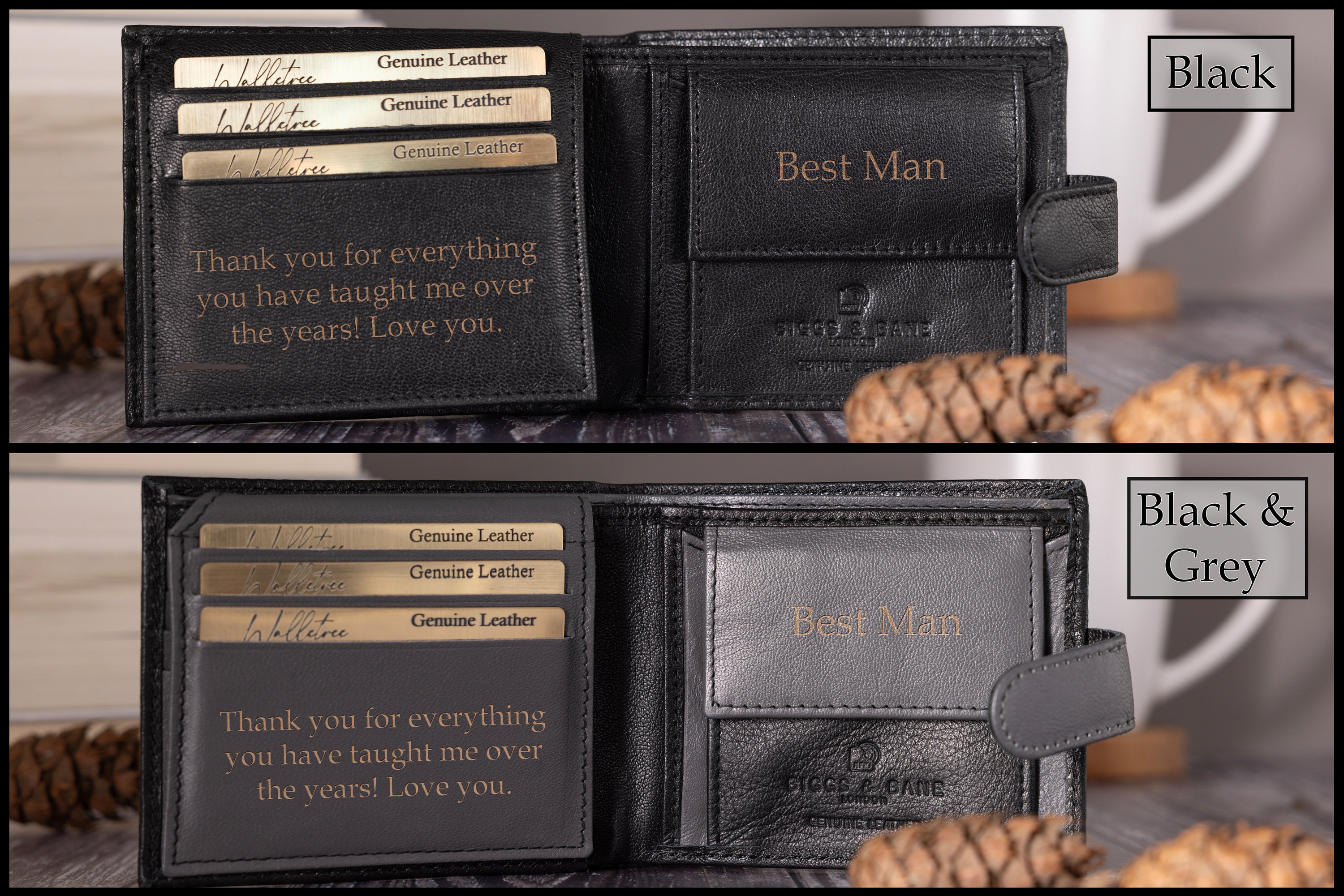Personalised Engraved Men&#39;s Wallet, Genuine Soft Black Leather Wallet, Personalized Gift for Him, Boyfriend, Husband, Dad, Christmas Gift