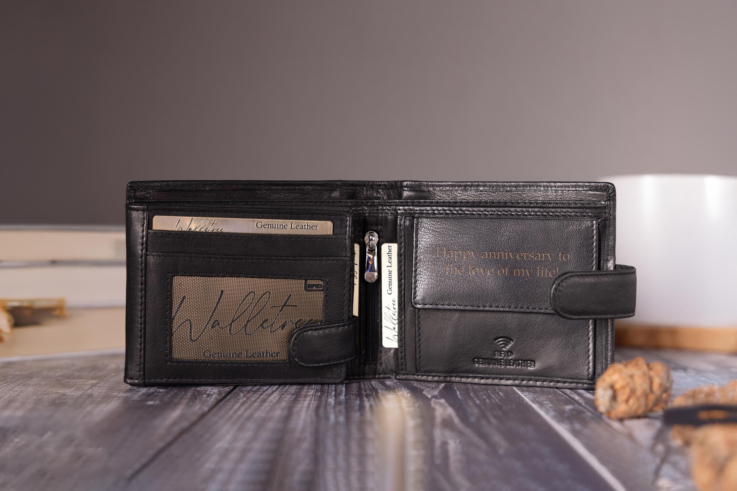 Personalised Men's Bifold Wallet, Black Leather Wallet, Personalized Engraved Father's Day Gift for Dad, Husband, Boyfriend, Anniversary