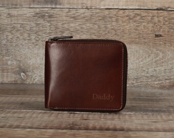 Portefeuille zippé personnalisé en cuir marron pour homme, cadeau personnalisé pour lui, homme, petit ami, mari, papa, cadeau d'anniversaire, cadeau d'anniversaire