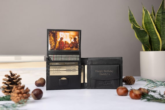 Personalised Men's Wallet, Genuine Soft Black Leather Wallet, Personalized engraved Valentine's Day Gift for him, Boyfriend, Husband, Dad