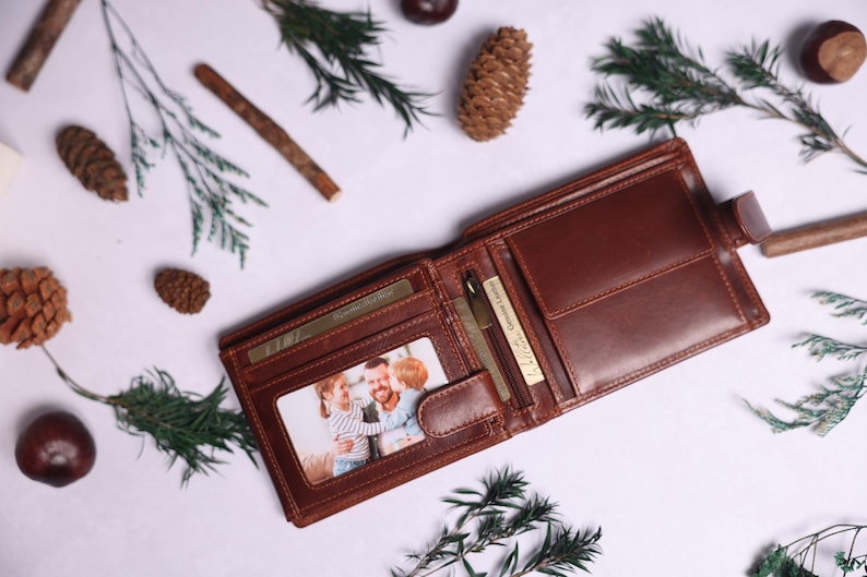 Personalised Mens Bifold Wallet, Brown Real Leather Wallet Personalized Engraved Christmas Gift for him, Boyfriend, Anniversary Gift for Dad image 6