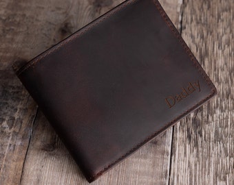 Cartera de cuero plegable personalizada para hombre, monedero con cremallera de cuero marrón oscuro, regalo personalizado para él, novio, esposo, regalo del Día del Padre