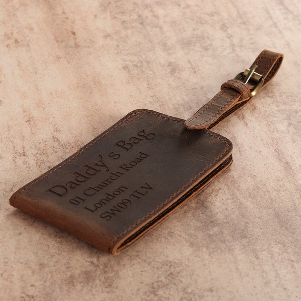 Personalised Engraved Genuine Leather Bag Tag, Personalized Brown Leather Luggage Tag, Engraved Tag, Custom Travel Tags, Traveler's gift