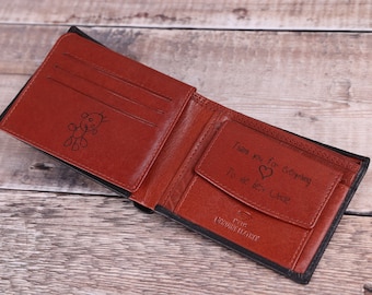 Cartera de cuero personalizada para hombre, grabada a mano y manuscrita, de cuero genuino suave negro y marrón, regalo para el Día del Padre para él o su esposo.