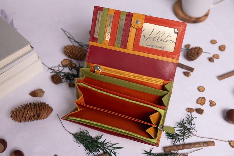 May include: A multi-colored leather wallet with a yellow, orange, red, and green color scheme. The wallet is open and shows multiple compartments and card slots. The wallet has a label that reads "Walletree Genuine Leather".