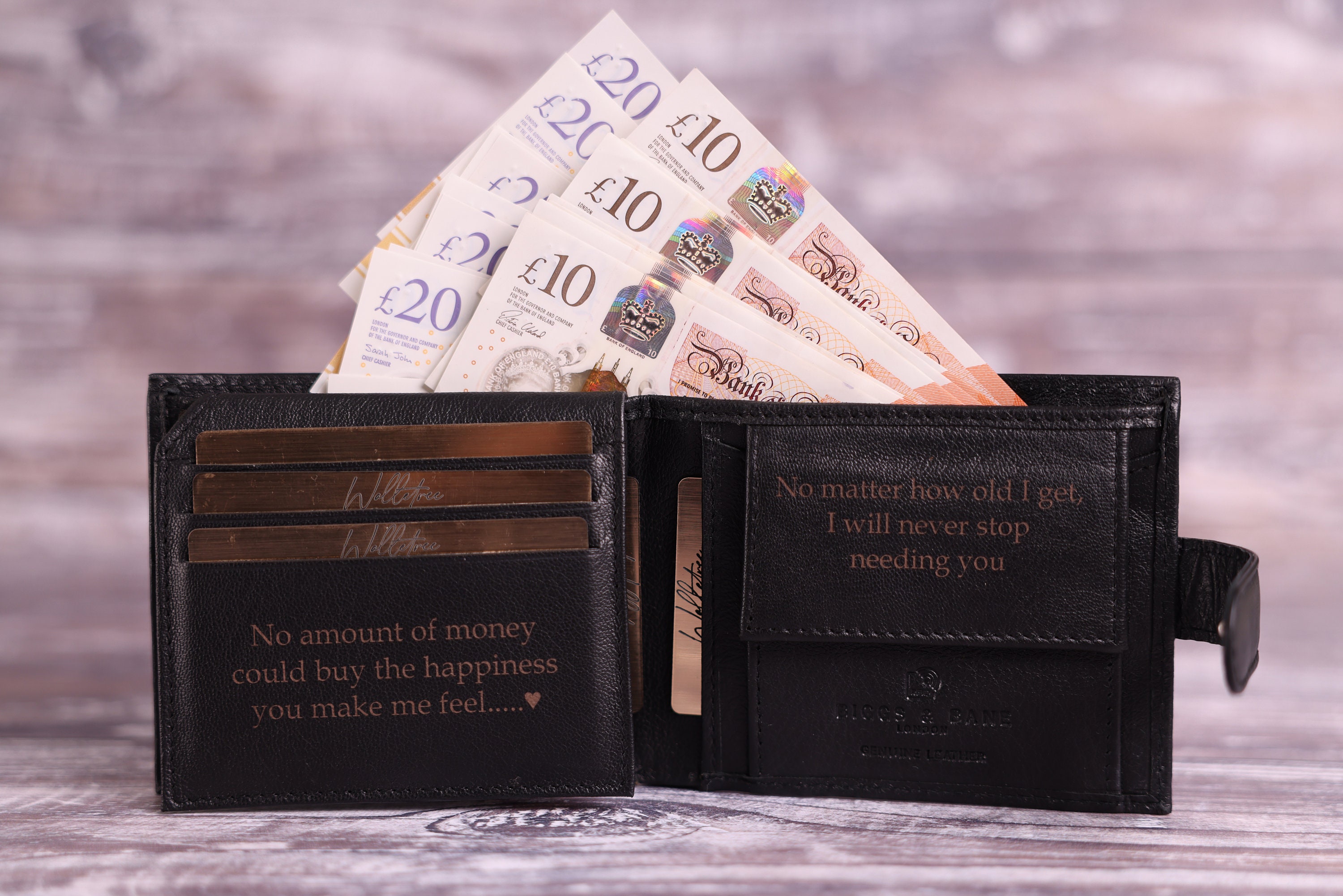 Personalised Engraved Men&#39;s Wallet, Genuine Soft Black Leather Wallet, Personalized Gift for Him, Boyfriend, Husband, Dad, Christmas Gift