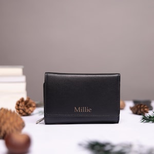 Monedero personalizado para mujer, monedero de piel para mujer con tarjetero, bolsillo para monedas con cremallera, cartera de piel auténtica personalizada para mujer, regalo para ella